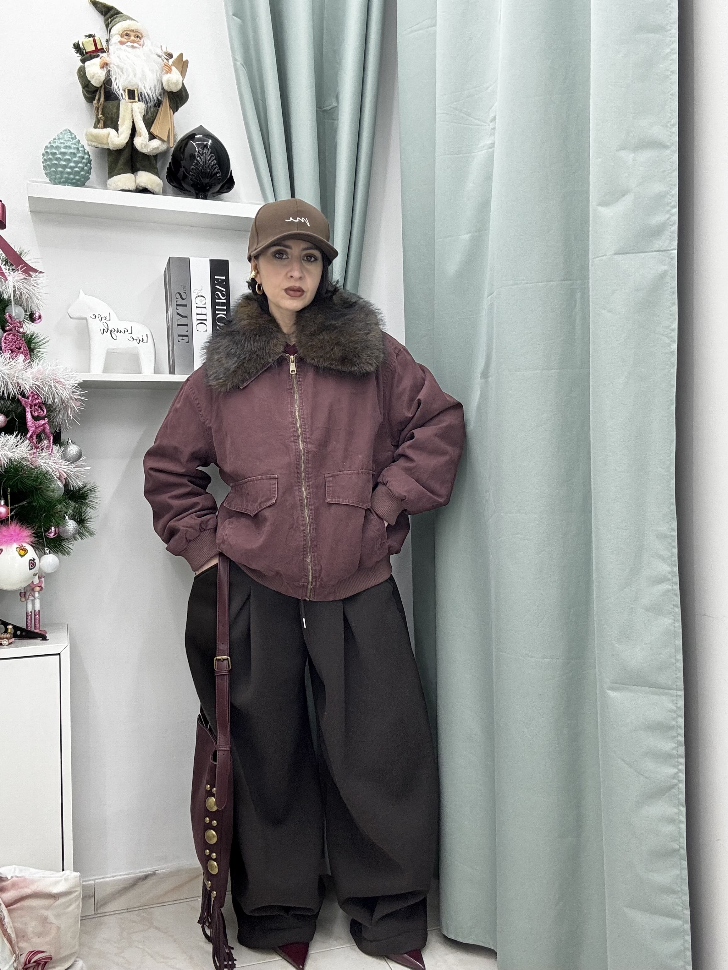 Bomber in Denim Slavato con Ecofur Removibile | Nero e Bordeaux