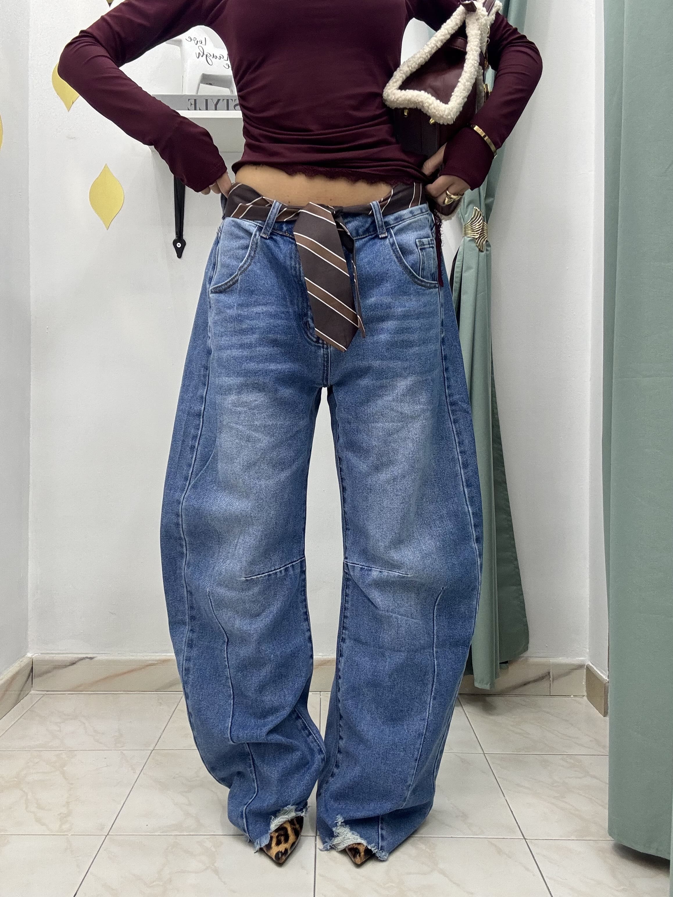 Pantalone balloon in denim con cintura a cravatta – Blu o Nero – Jeans donna a gamba ampia S-M-L