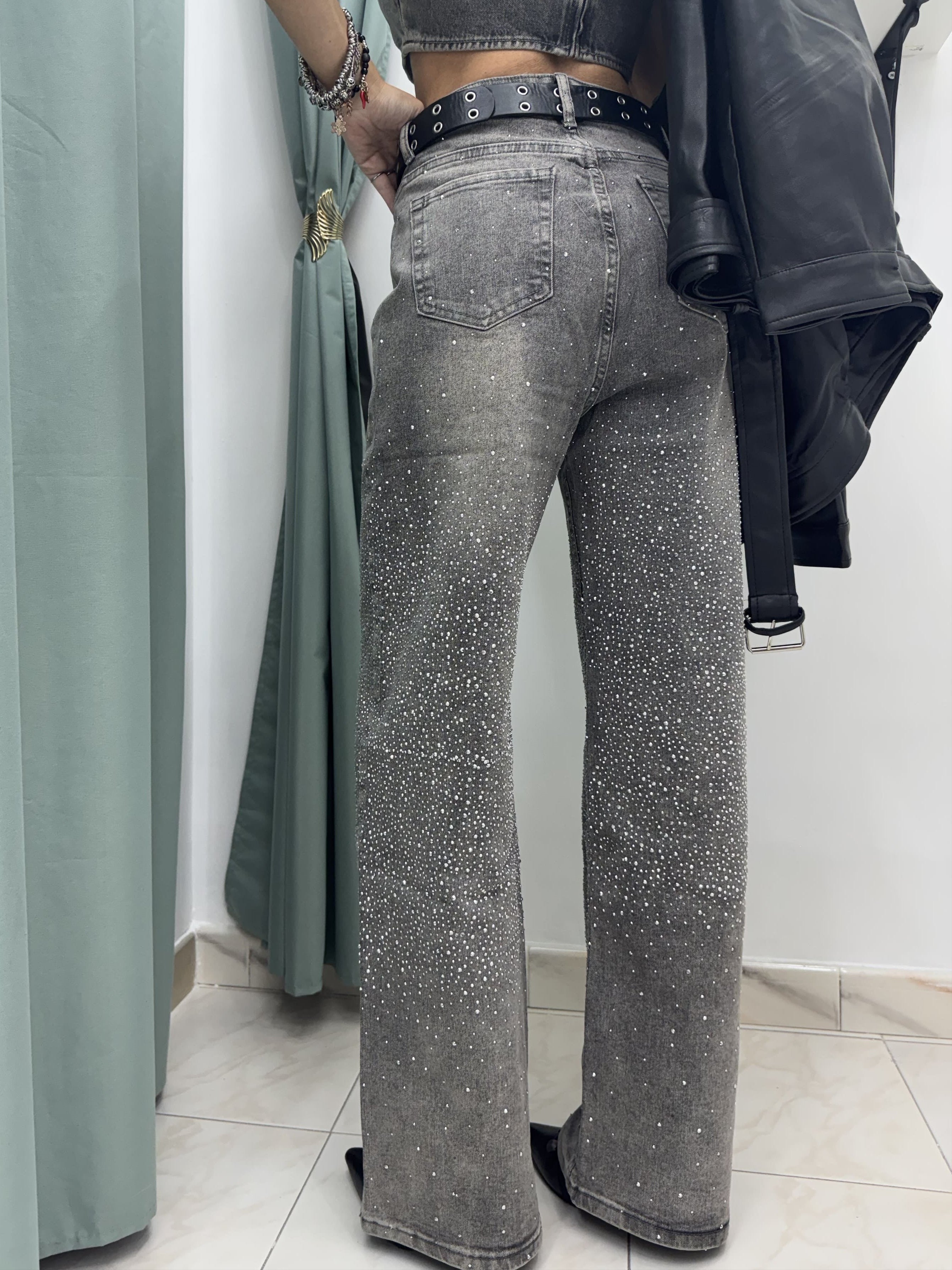 Pantalone palazzo donna grigio slavato con strass – vita alta, elasticizzato