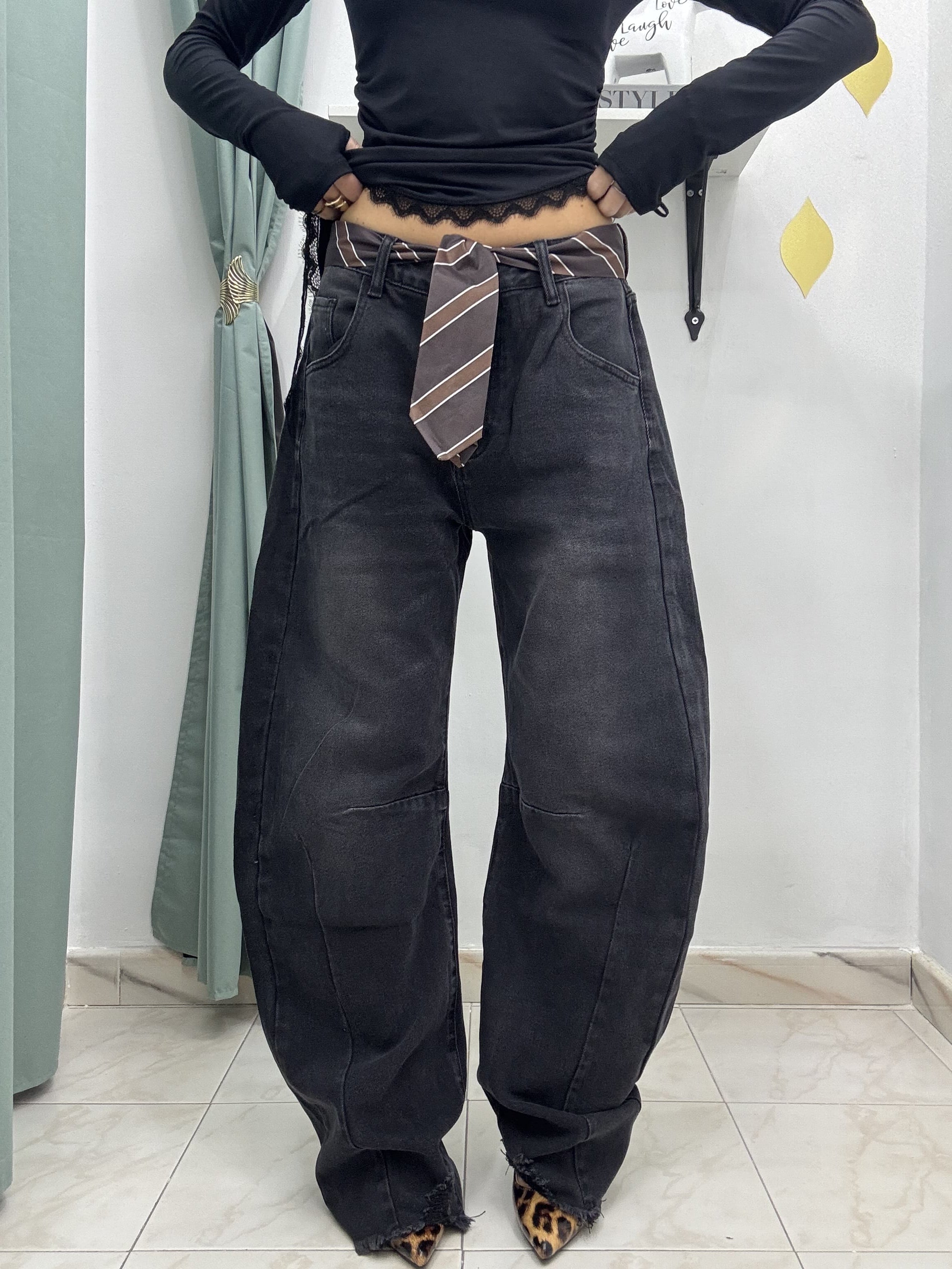 Pantalone balloon in denim con cintura a cravatta – Blu o Nero – Jeans donna a gamba ampia S-M-L