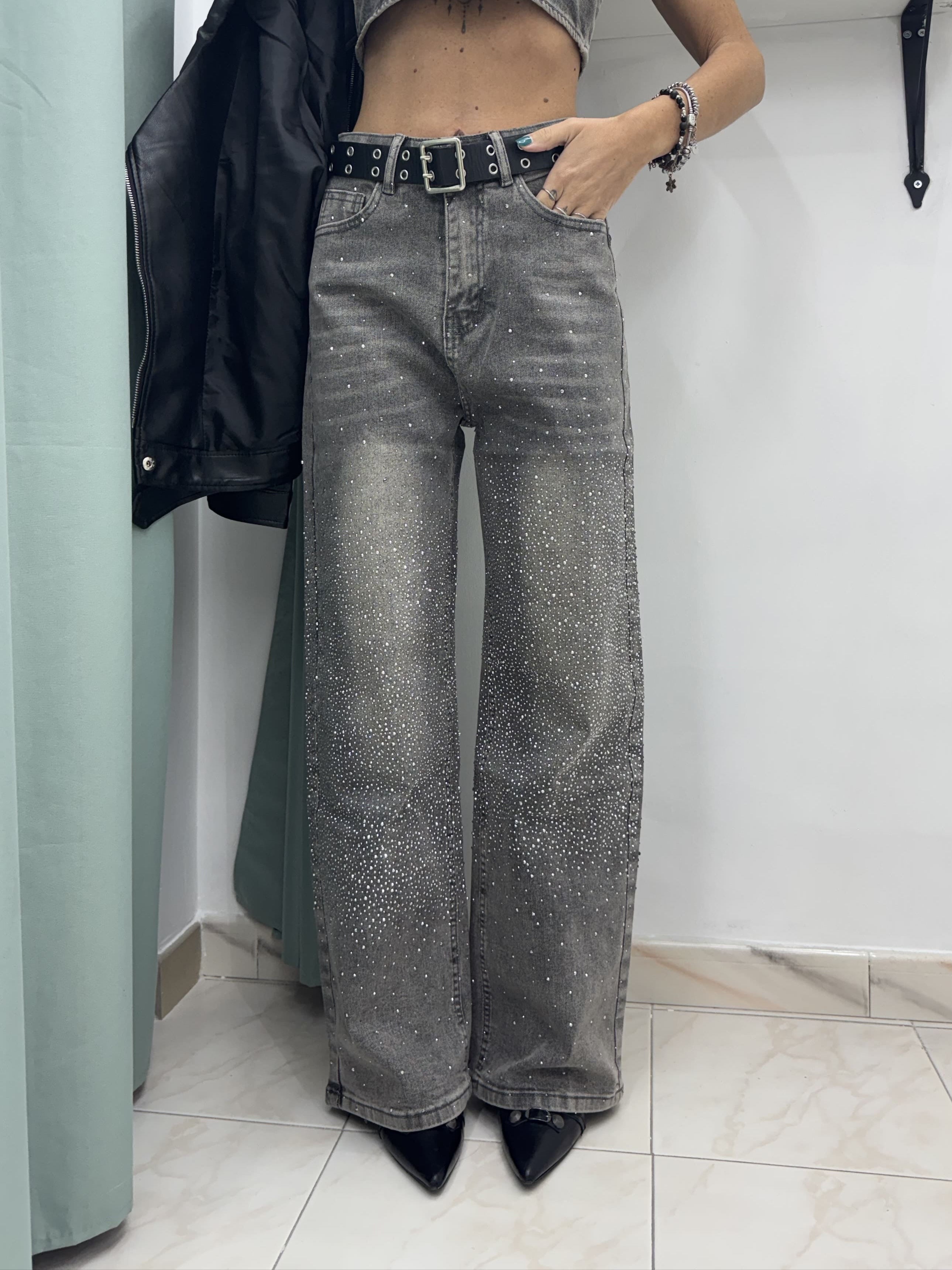 Pantalone palazzo donna grigio slavato con strass – vita alta, elasticizzato