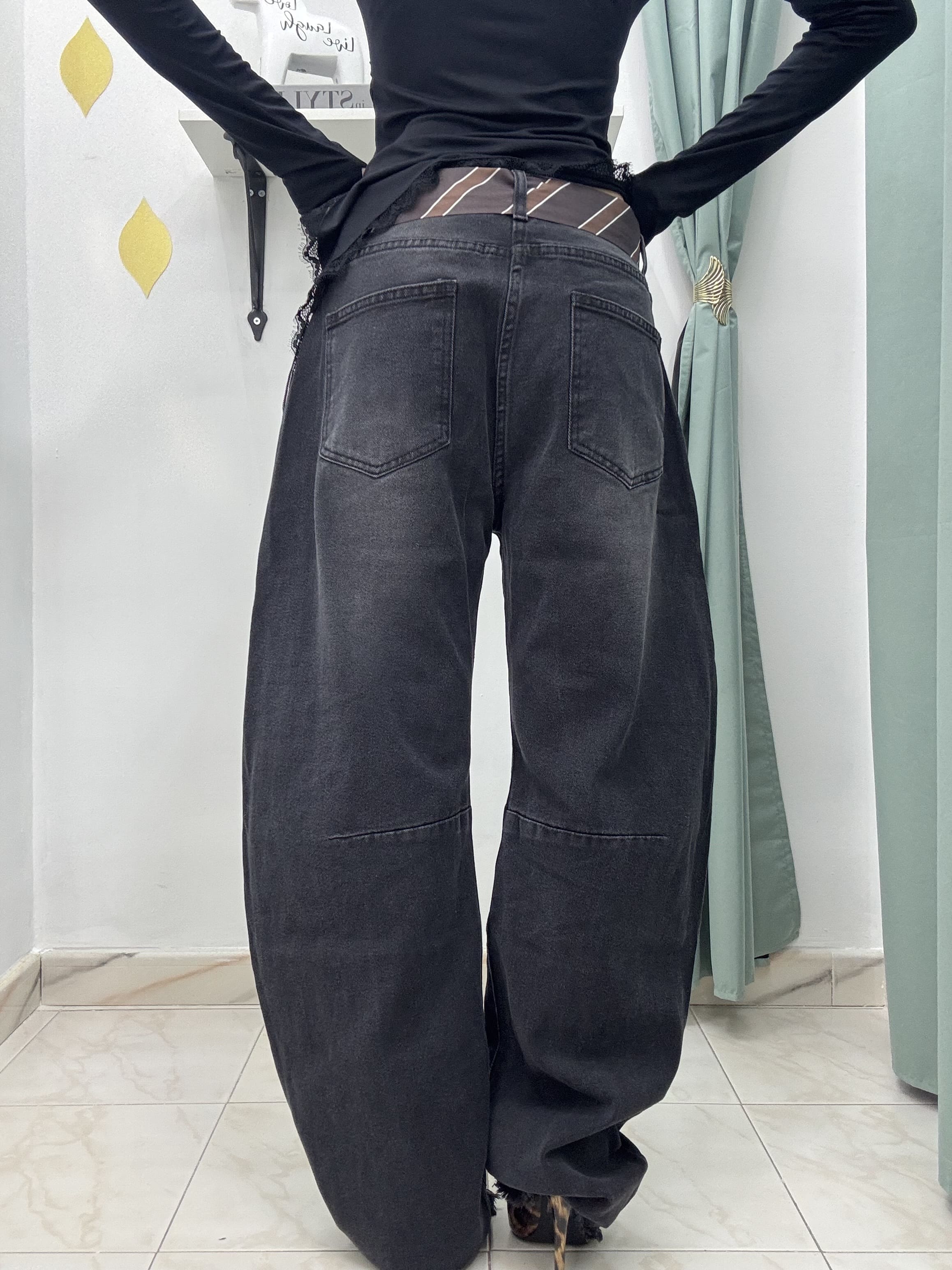 Pantalone balloon in denim con cintura a cravatta – Blu o Nero – Jeans donna a gamba ampia S-M-L