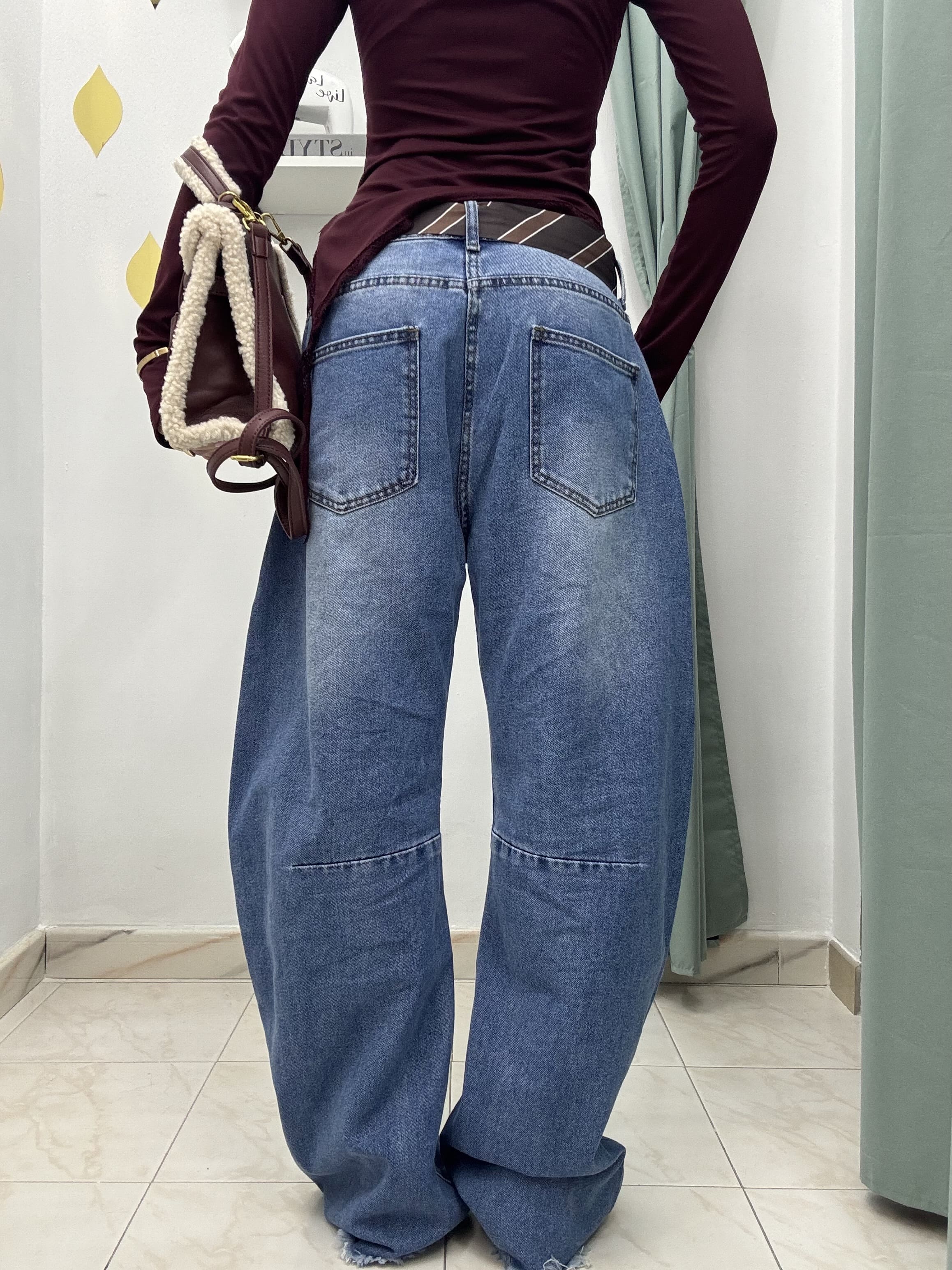 Pantalone balloon in denim con cintura a cravatta – Blu o Nero – Jeans donna a gamba ampia S-M-L