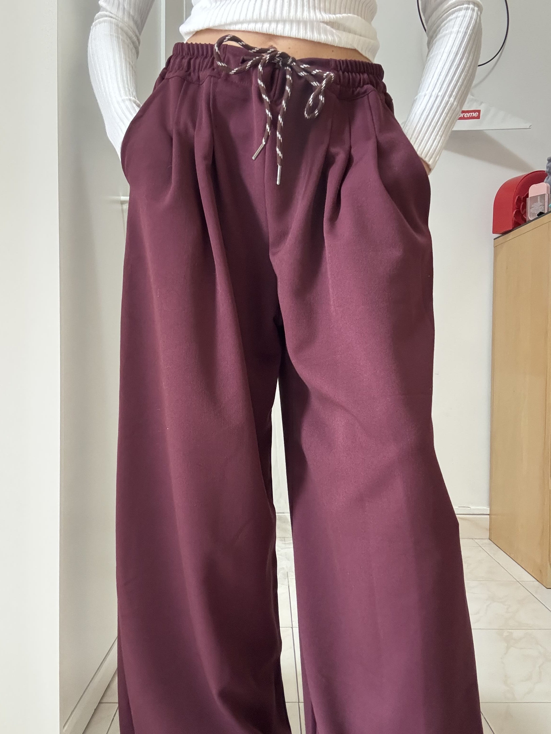 Pantalone Donna Palazzo in gabardine in lana – Modello Casual con Pinces e Coulisse in Vita, Taglia Unica