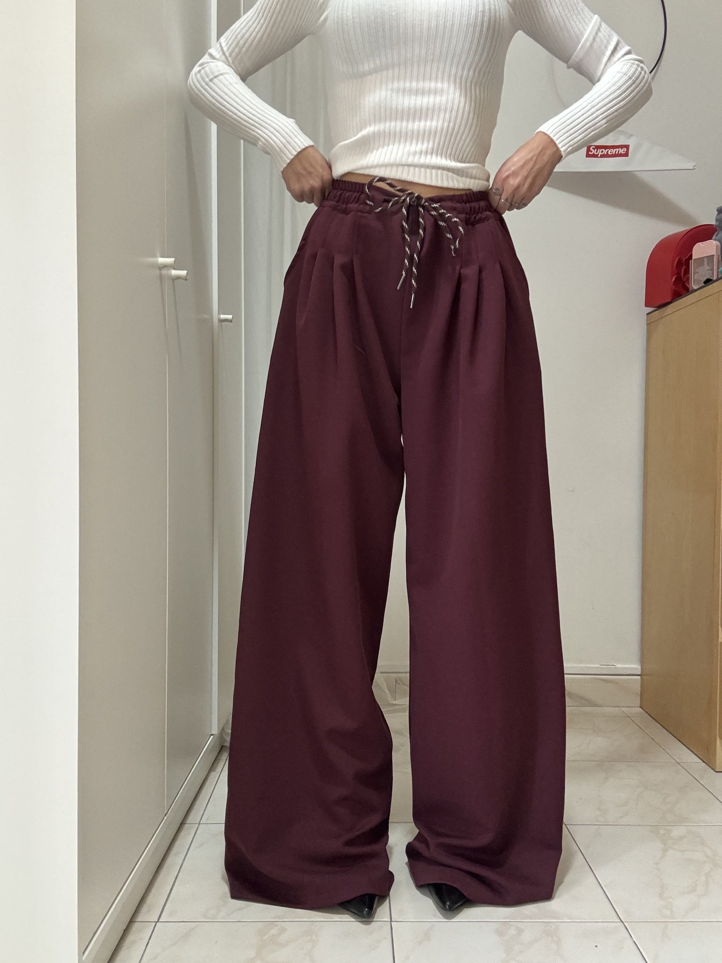 Pantalone Donna Palazzo in gabardine in lana – Modello Casual con Pinces e Coulisse in Vita, Taglia Unica