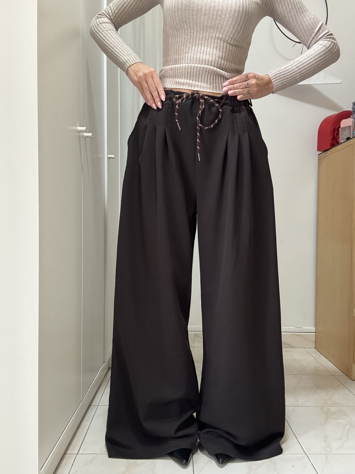 Pantalone Donna Palazzo in gabardine in lana – Modello Casual con Pinces e Coulisse in Vita, Taglia Unica