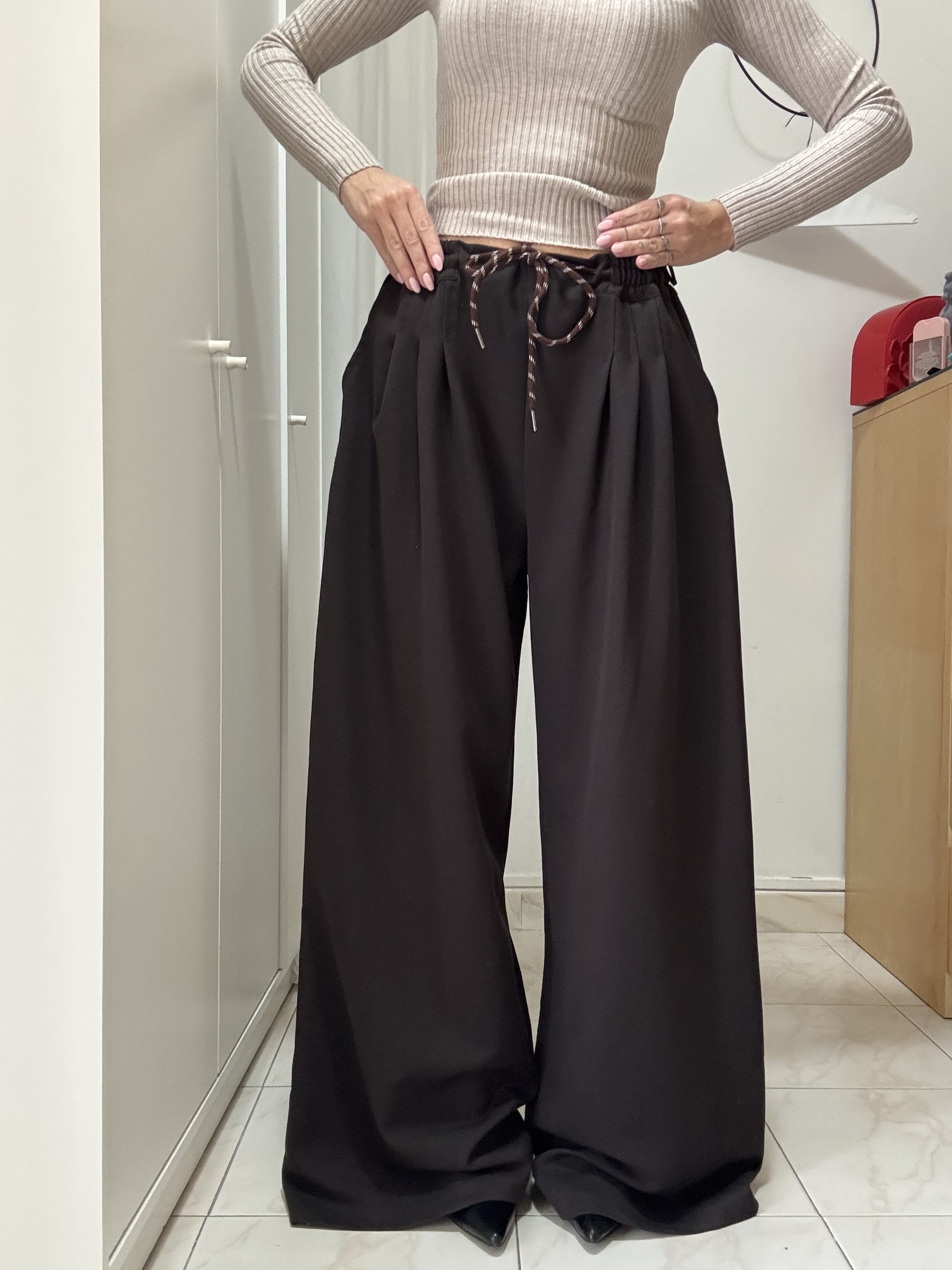Pantalone Donna Palazzo in gabardine in lana – Modello Casual con Pinces e Coulisse in Vita, Taglia Unica