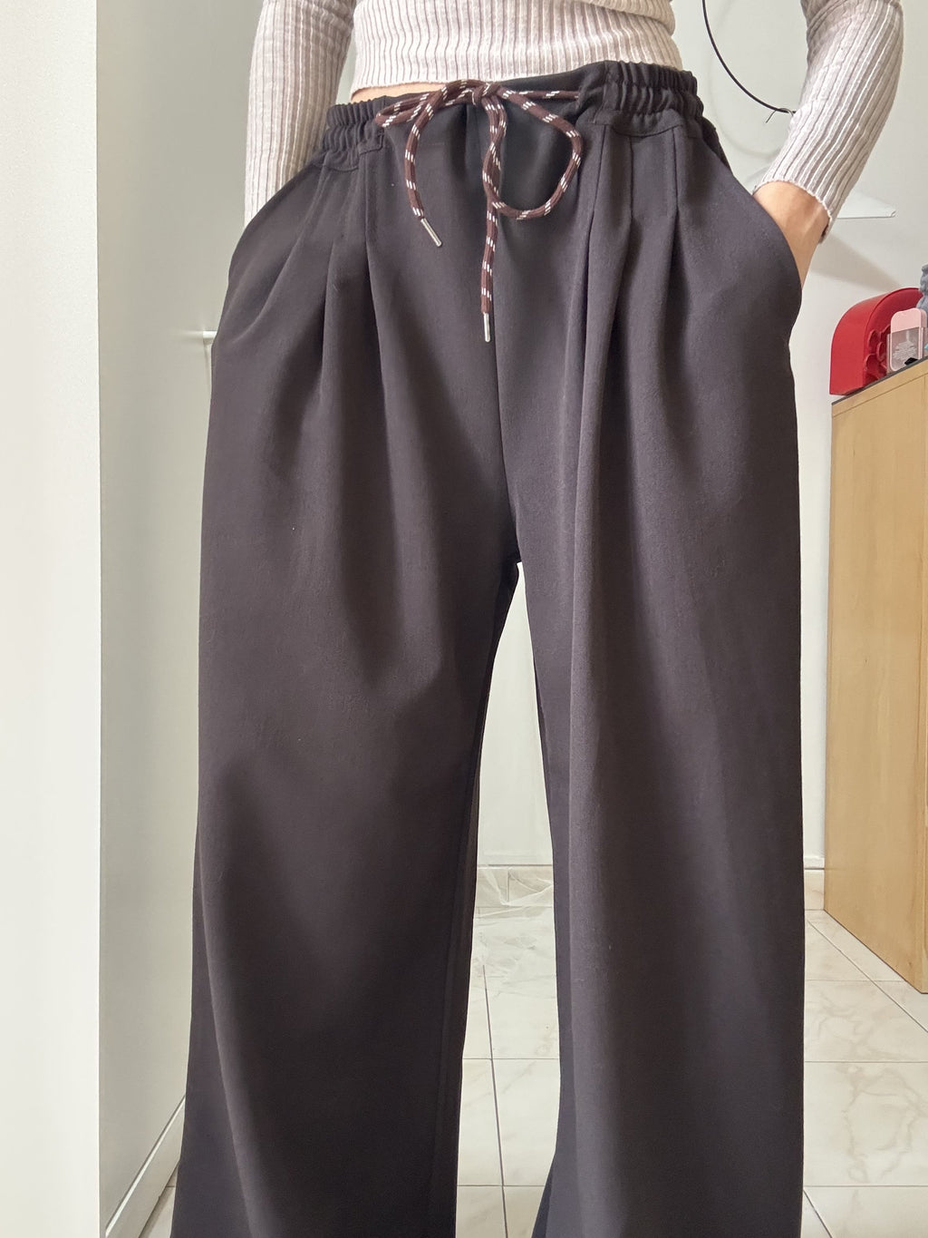 Pantalone Donna Palazzo in gabardine in lana – Modello Casual con Pinces e Coulisse in Vita, Taglia Unica