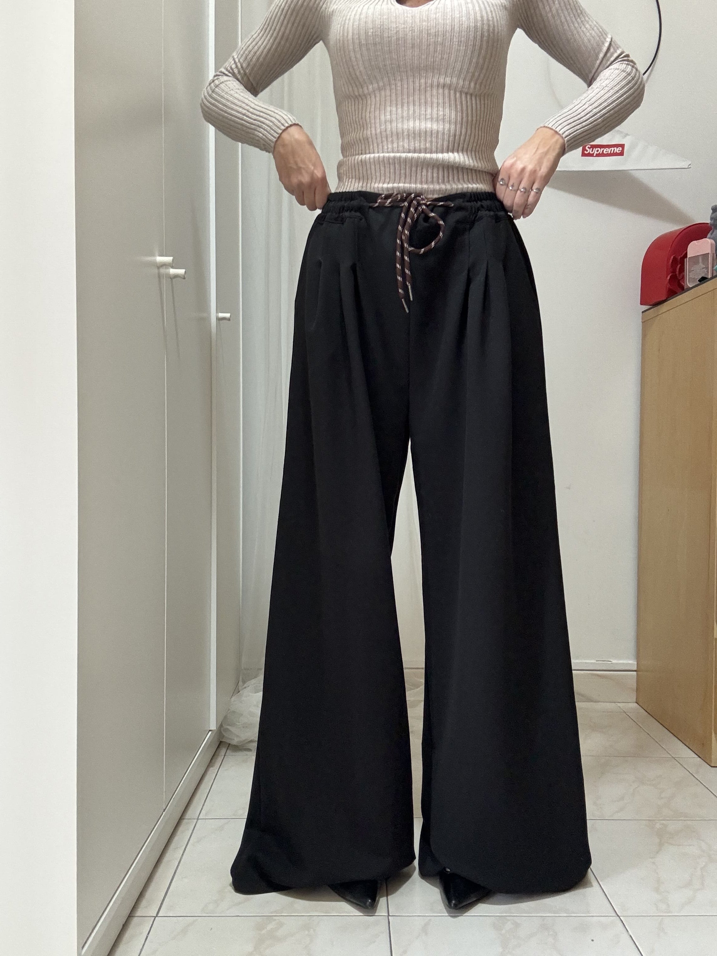 Pantalone Donna Palazzo in gabardine in lana – Modello Casual con Pinces e Coulisse in Vita, Taglia Unica