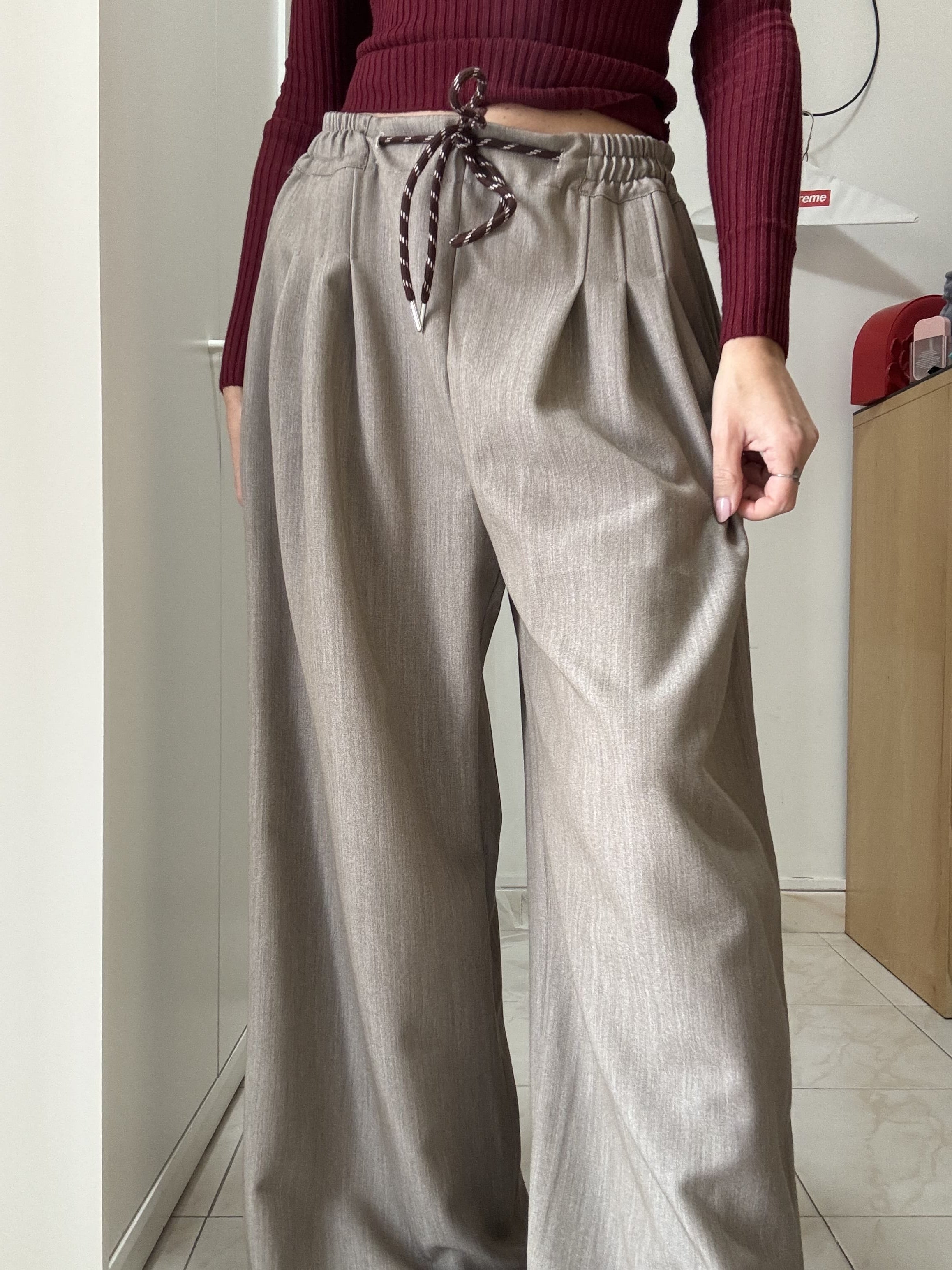 Pantalone Donna Palazzo in gabardine in lana – Modello Casual con Pinces e Coulisse in Vita, Taglia Unica