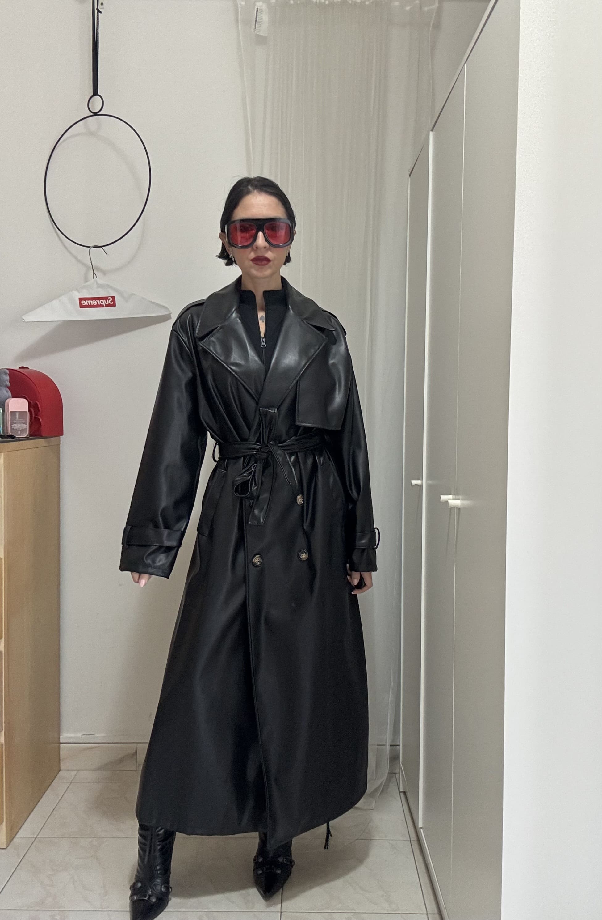 Trench Lungo Donna Nero in Similpelle Top Quality – Doppio Petto con Cintura